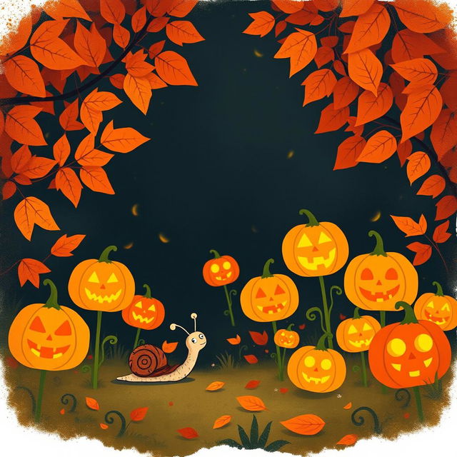 A whimsical, autumn scene featuring a small snail exploring a vibrant garden filled with various jack-o'-lanterns glowing softly