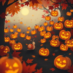 A whimsical autumn scene depicting a small snail on an adventure in a colorful garden filled with numerous glowing jack-o'-lanterns