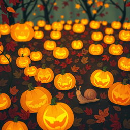 A whimsical autumn scene depicting a small snail on an adventure in a colorful garden filled with numerous glowing jack-o'-lanterns