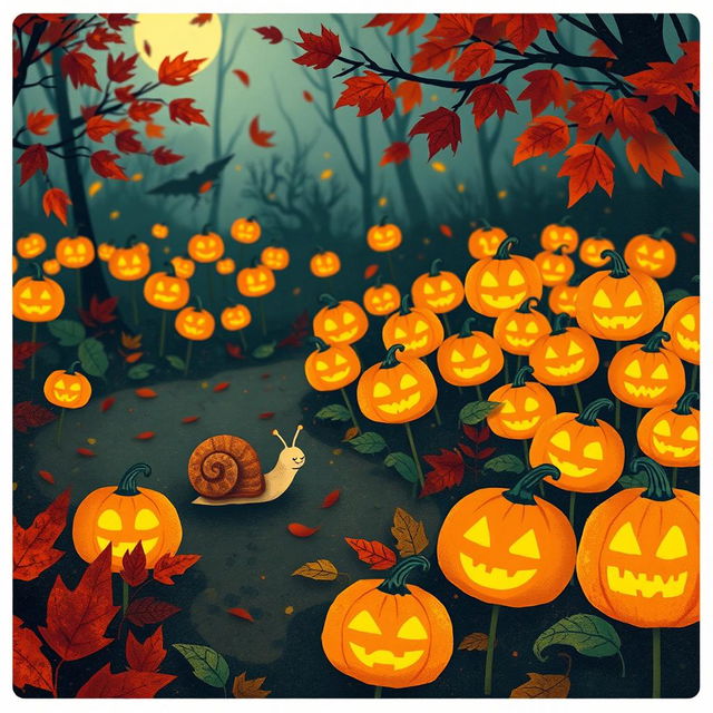 A whimsical autumn scene depicting a small snail on an adventure in a colorful garden filled with numerous glowing jack-o'-lanterns