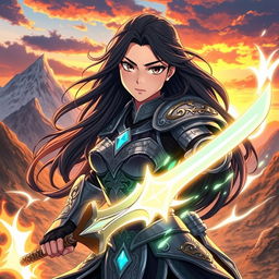 An anime version of Lady Sif, a strong and heroic warrior with long flowing black hair and a determined expression