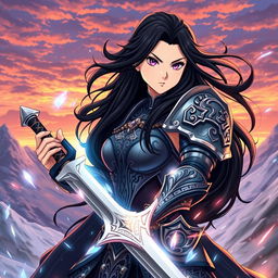 An anime version of Lady Sif, a strong and heroic warrior with long flowing black hair and a determined expression