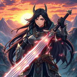An anime version of Lady Sif, a strong and heroic warrior with long flowing black hair and a determined expression