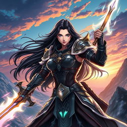 An anime version of Lady Sif, a strong and heroic warrior with long flowing black hair and a determined expression