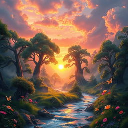 A stunning fantasy landscape depicting a vibrant sunrise over a mystical forest, with lush greenery, towering ancient trees, and a gentle mist rising from the ground