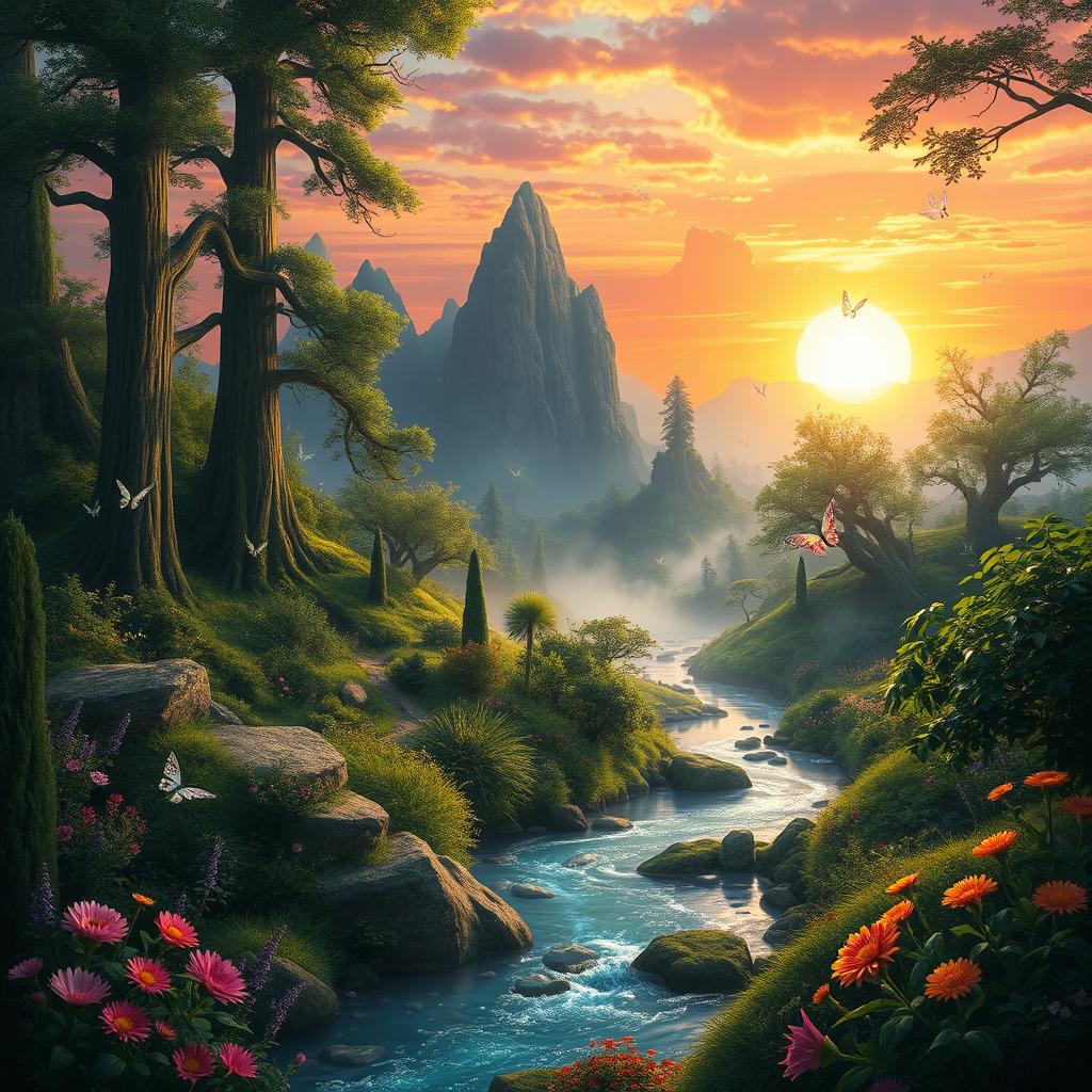 A stunning fantasy landscape depicting a vibrant sunrise over a mystical forest, with lush greenery, towering ancient trees, and a gentle mist rising from the ground