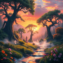 A stunning fantasy landscape depicting a vibrant sunrise over a mystical forest, with lush greenery, towering ancient trees, and a gentle mist rising from the ground