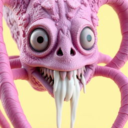 A detailed close-up 3D rendering of a surreal creature's head, crafted from a pinkish-purple material that showcases intricate textures and patterns