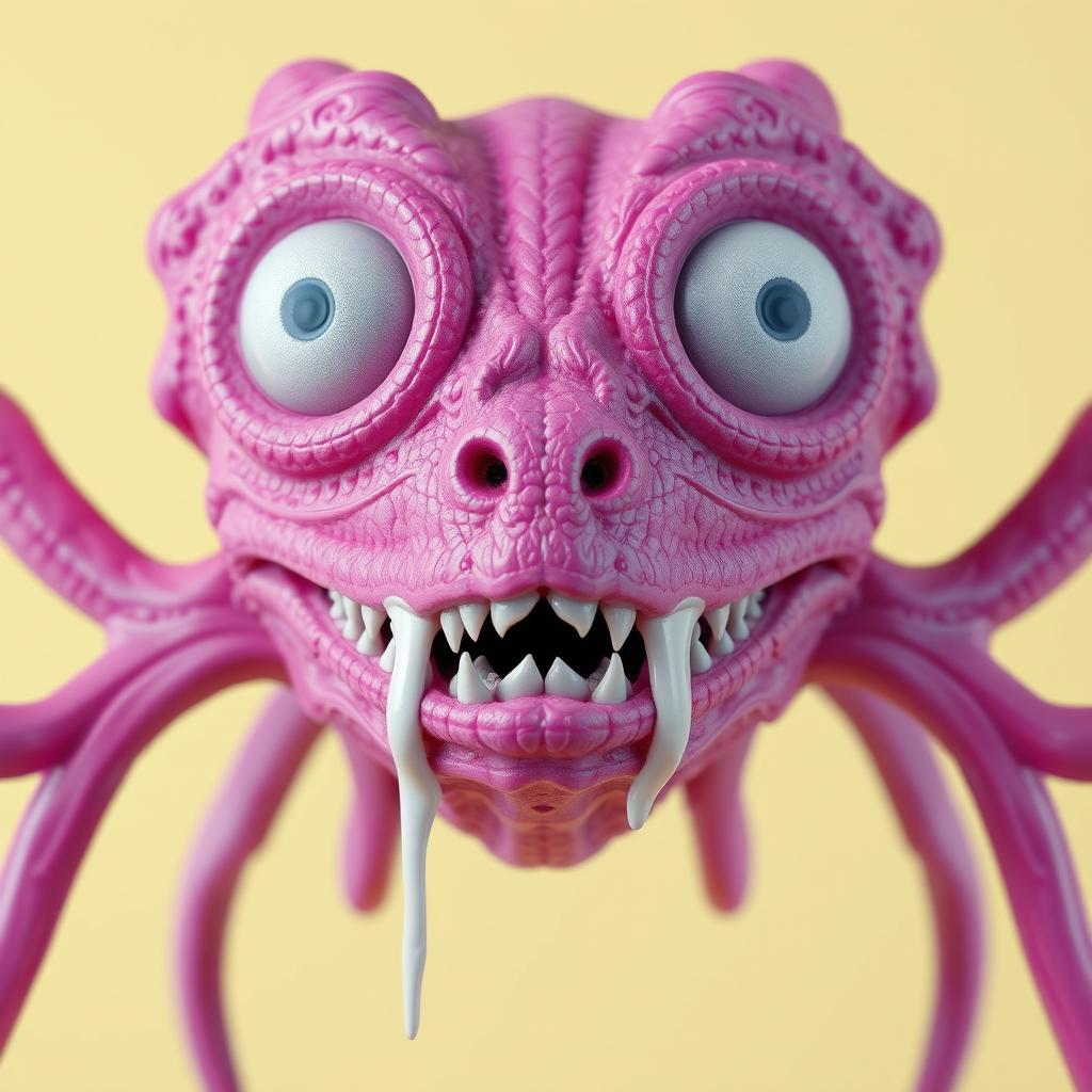 A detailed close-up 3D rendering of a surreal creature's head, crafted from a pinkish-purple material that showcases intricate textures and patterns