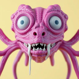 A detailed close-up 3D rendering of a surreal creature's head, crafted from a pinkish-purple material that showcases intricate textures and patterns