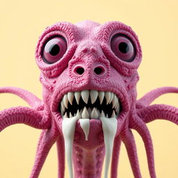 A detailed close-up 3D rendering of a surreal creature's head, crafted from a pinkish-purple material that showcases intricate textures and patterns