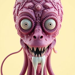 A detailed close-up 3D rendering of a surreal creature's head, crafted from a pinkish-purple material that showcases intricate textures and patterns