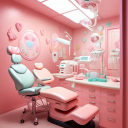 A dental treatment room designed with a feminine touch, featuring pastel colors, a patient chair with soft pink upholstery, cute dental themed decorations on walls, and a friendly atmosphere.