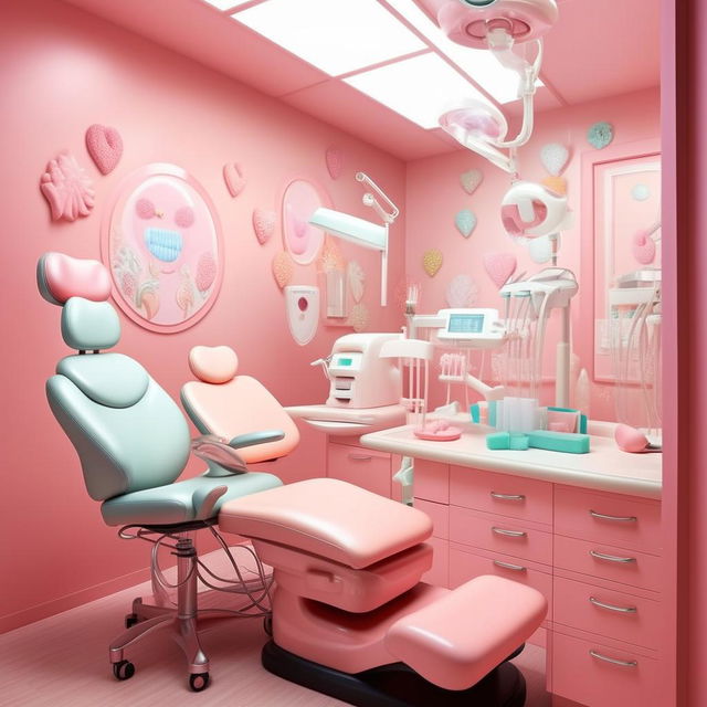 A dental treatment room designed with a feminine touch, featuring pastel colors, a patient chair with soft pink upholstery, cute dental themed decorations on walls, and a friendly atmosphere.