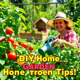 A vibrant and colorful YouTube thumbnail depicting a flourishing home garden (huerto casero)