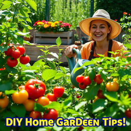 A vibrant and colorful YouTube thumbnail depicting a flourishing home garden (huerto casero)