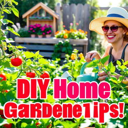 A vibrant and colorful YouTube thumbnail depicting a flourishing home garden (huerto casero)