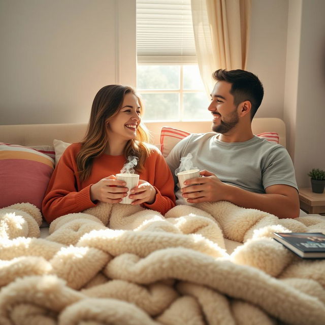 A cozy scene of a couple enjoying coffee together in bed during a bright morning