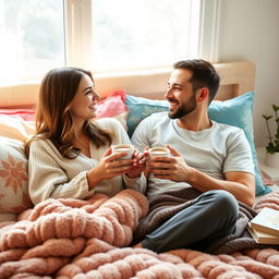 A cozy scene of a couple enjoying coffee together in bed during a bright morning