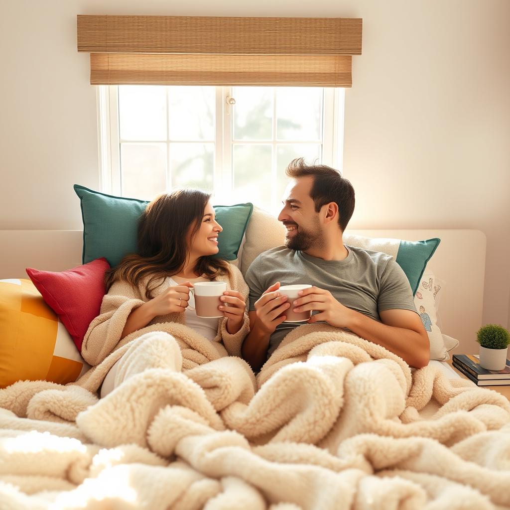 A cozy scene of a couple enjoying coffee together in bed during a bright morning