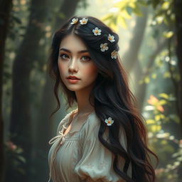 A portrait of a young woman with an air of elegance and charm, inspired by Laufey's typical style