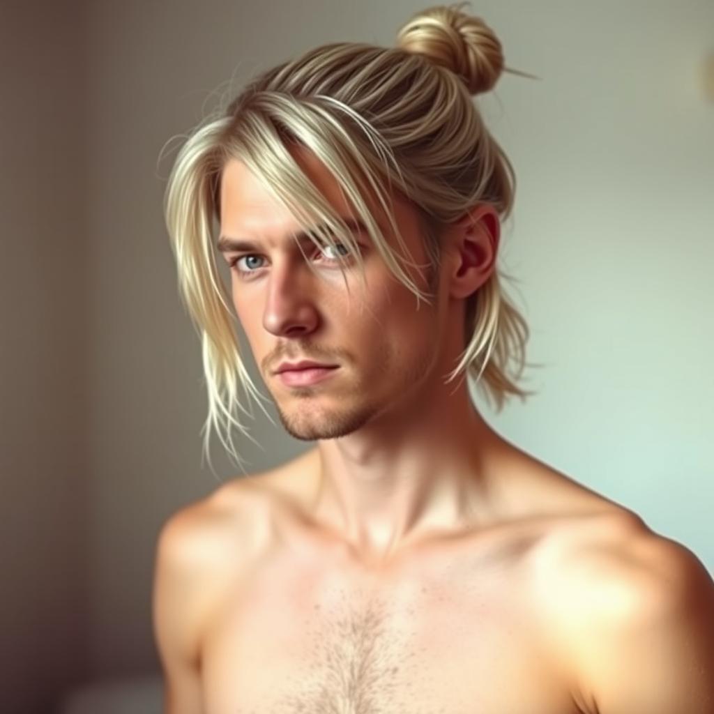 A shirtless male figure resembling Kurt Cobain, featuring striking silver hair styled in a trendy man bun