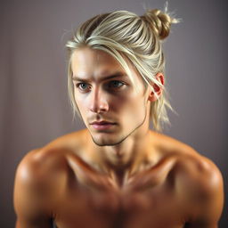 A shirtless male figure resembling Kurt Cobain, featuring striking silver hair styled in a trendy man bun