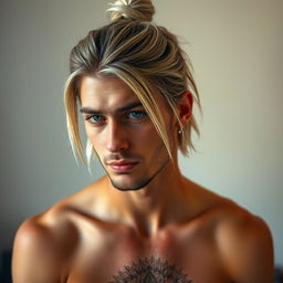 A shirtless male figure resembling Kurt Cobain, featuring striking silver hair styled in a trendy man bun