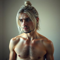 A shirtless male figure resembling Kurt Cobain, featuring striking silver hair styled in a trendy man bun