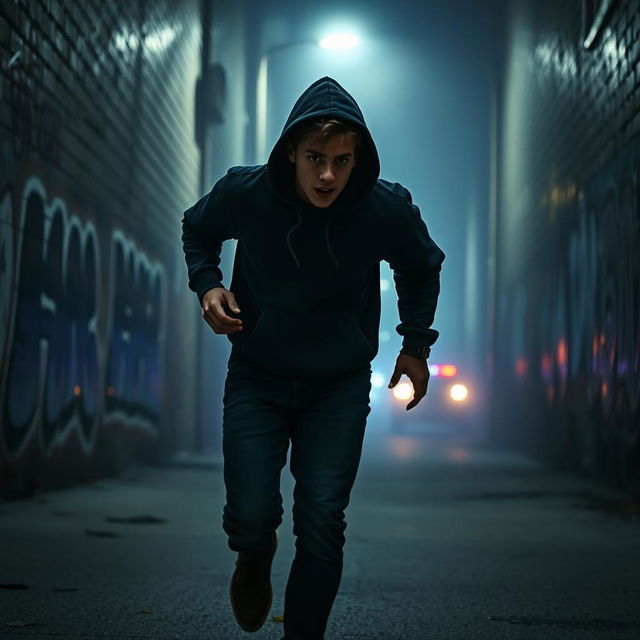 A tense and dramatic scene depicting a criminal runaway in an urban environment