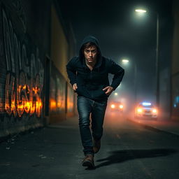 A tense and dramatic scene depicting a criminal runaway in an urban environment