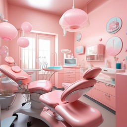 A dental treatment room designed with a feminine touch, featuring pastel colors, a patient chair with soft pink upholstery, cute dental themed decorations on walls, and a friendly atmosphere.