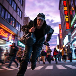 An action-packed scene featuring a thief making a daring escape through a bustling city street