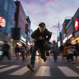 An action-packed scene featuring a thief making a daring escape through a bustling city street