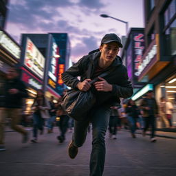 An action-packed scene featuring a thief making a daring escape through a bustling city street