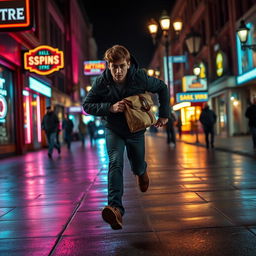 An intense nighttime scene of a thief making a desperate escape down a city street