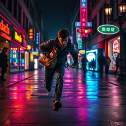 An intense nighttime scene of a thief making a desperate escape down a city street
