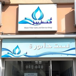 A storefront for a water filter sales and service shop named 'أوركيدا' in Arabic