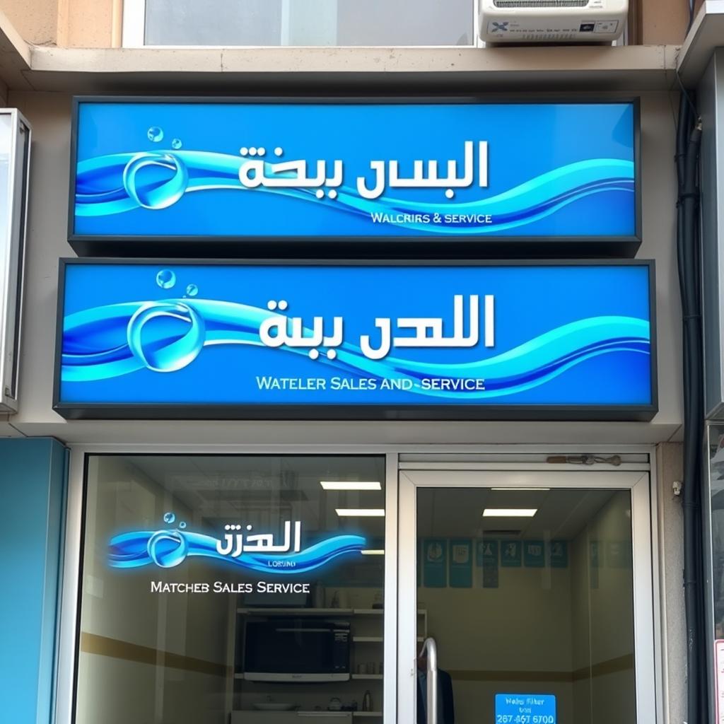 A storefront for a water filter sales and service shop named 'أوركيدا' in Arabic