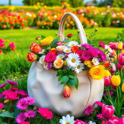A vibrant and lush garden scene featuring a round bag used for collecting foliage and flowers
