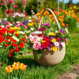 A vibrant and lush garden scene featuring a round bag used for collecting foliage and flowers