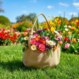 A vibrant and lush garden scene featuring a round bag used for collecting foliage and flowers