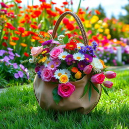 A vibrant and lush garden scene featuring a round bag used for collecting foliage and flowers