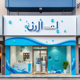 A vibrant storefront for a shop specializing in the sale and maintenance of home water filter devices, named 'أوركيدا' in Arabic
