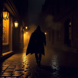 A mysterious scene featuring a thief making a stealthy escape down a dimly lit street at night