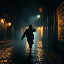 A mysterious scene featuring a thief making a stealthy escape down a dimly lit street at night