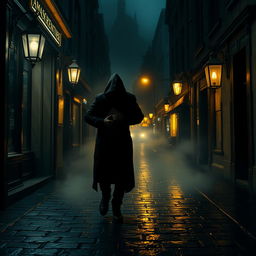 A mysterious scene featuring a thief making a stealthy escape down a dimly lit street at night