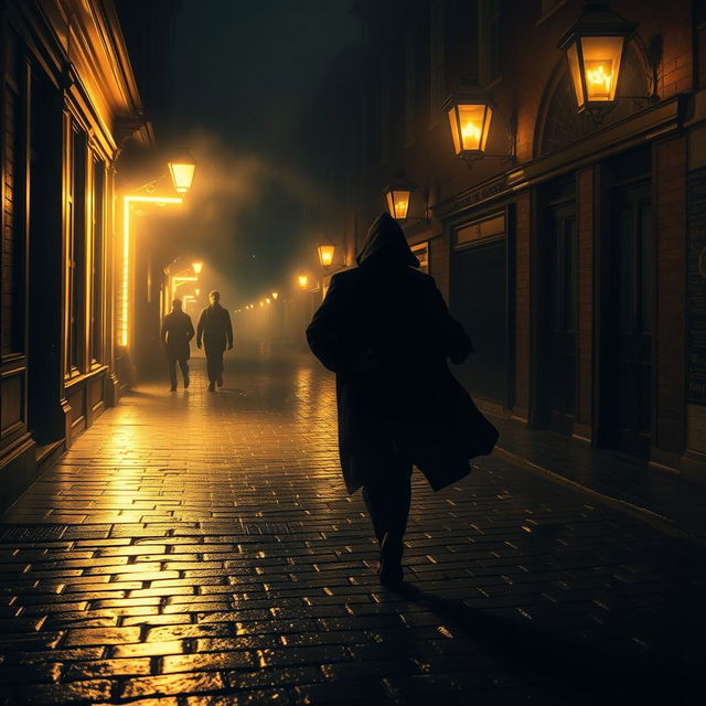 A mysterious scene featuring a thief making a stealthy escape down a dimly lit street at night