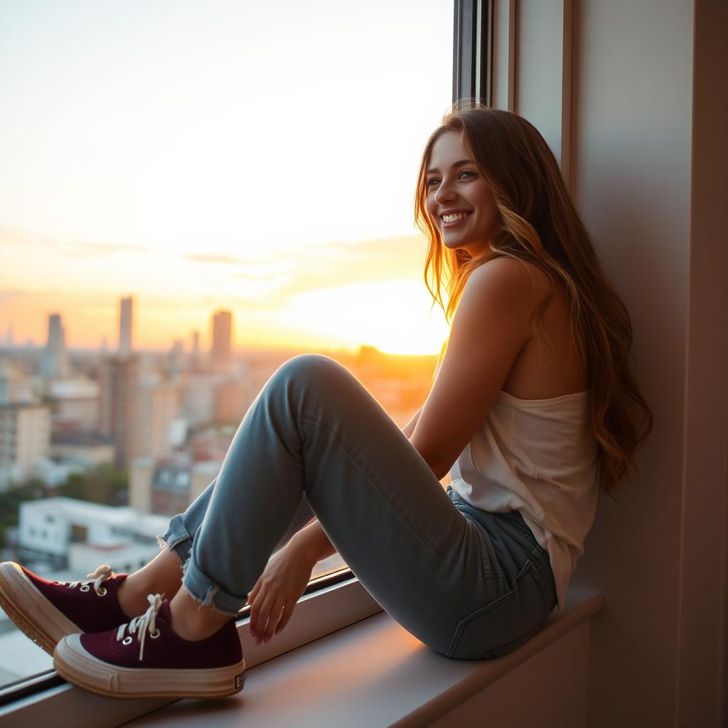 A beautiful young woman in her late teens, sitting playfully on a windowsill, looking out at a cityscape during sunset