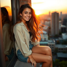 A beautiful young woman in her late teens, sitting playfully on a windowsill, looking out at a cityscape during sunset